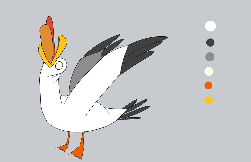 cartoon seagull trying to eat a hotdog