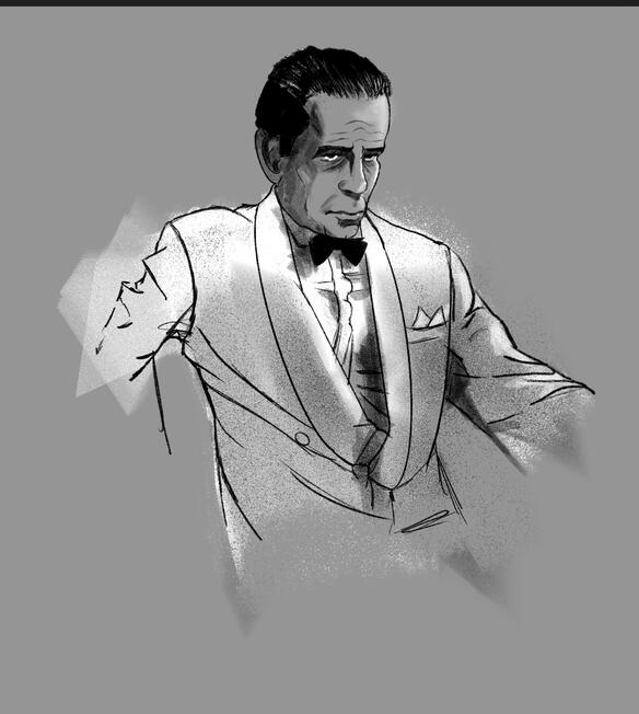 A rendering of Humphrey Bogart in a white jacket leaning back in a chair, from the movie Casablanca